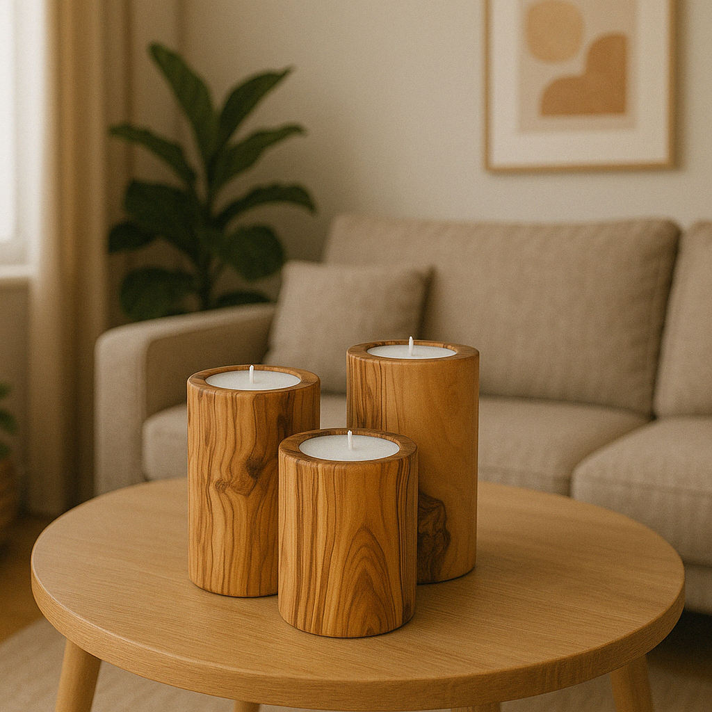 Tealight holders in a set of 3 made of olive wood